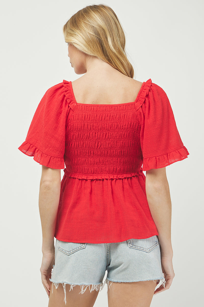 Puff Sleeve Smocked Peplum Blouse - YT3083KJ