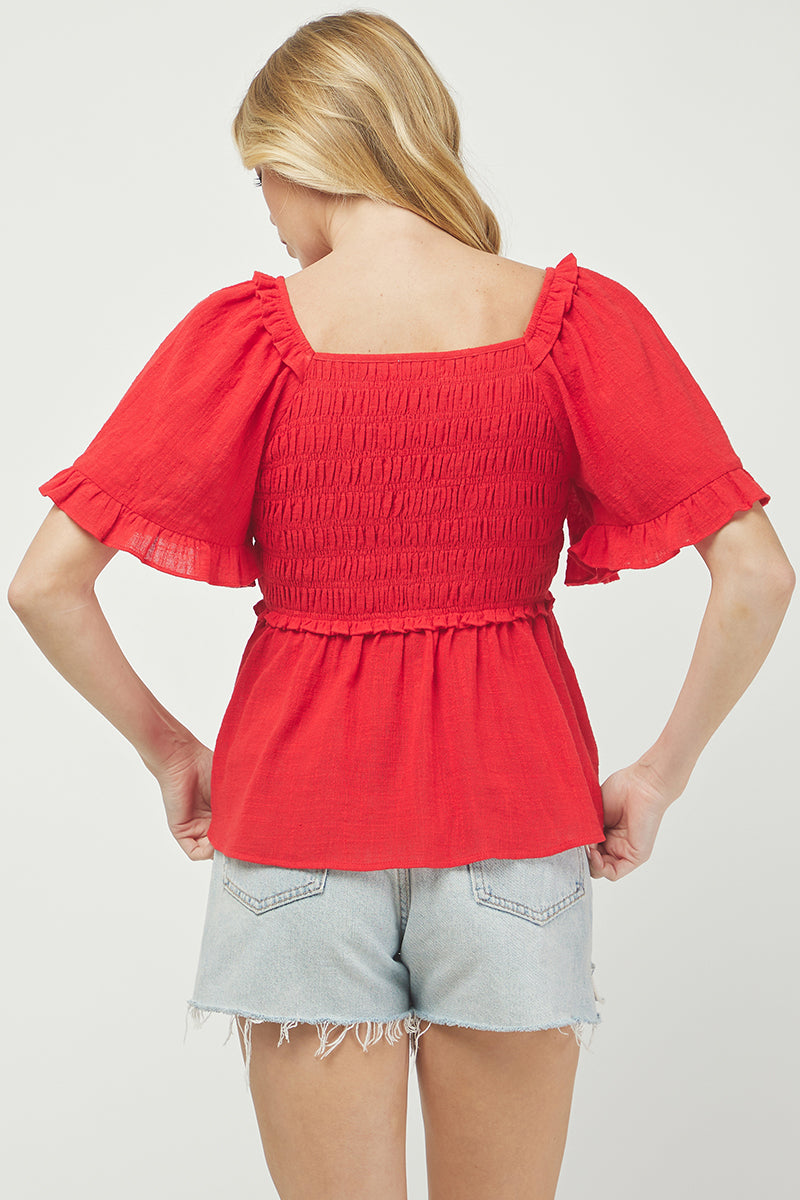 Puff Sleeve Smocked Peplum Blouse - YT3083KJ