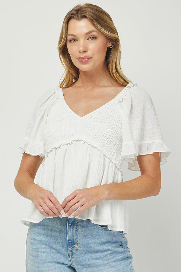 Puff Sleeve Smocked Peplum Blouse - YT3083KJ