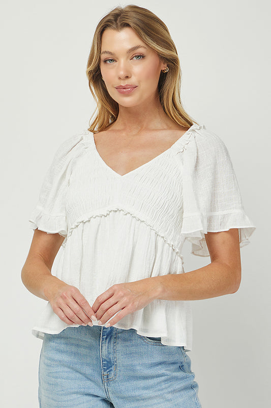 Puff Sleeve Smocked Peplum Blouse - YT3083KJ