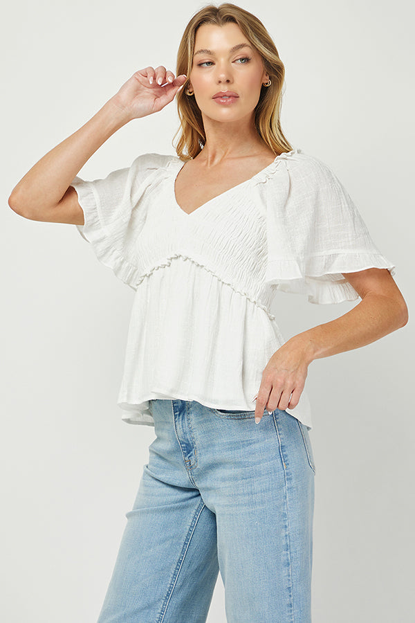 Puff Sleeve Smocked Peplum Blouse - YT3083KJ