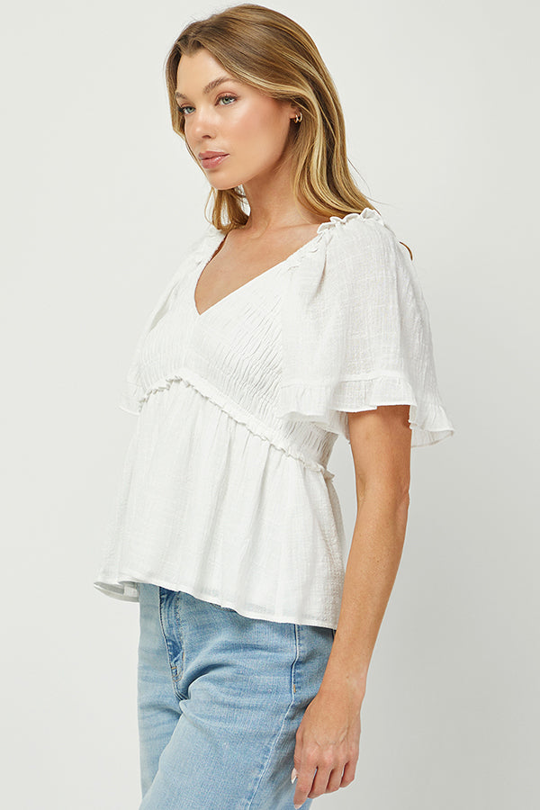 Puff Sleeve Smocked Peplum Blouse - YT3083KJ