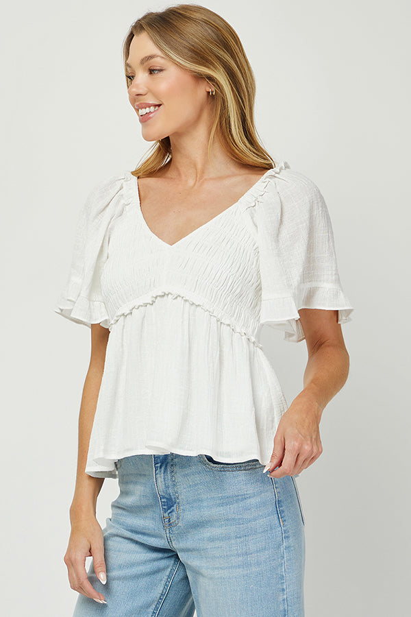 Puff Sleeve Smocked Peplum Blouse - YT3083KJ