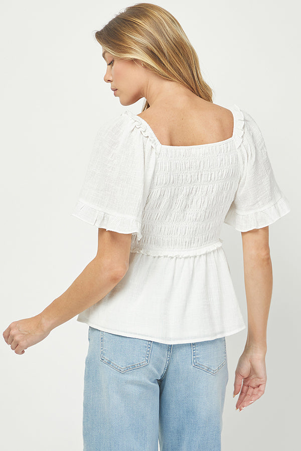 Puff Sleeve Smocked Peplum Blouse - YT3083KJ