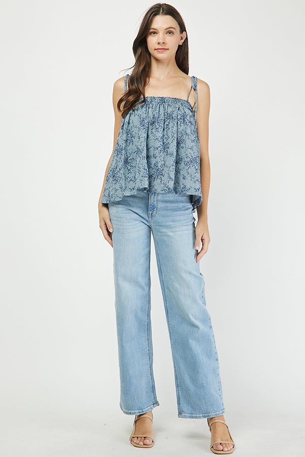 Floral Tie-Shoulder Smocked Top - YT3086BJ