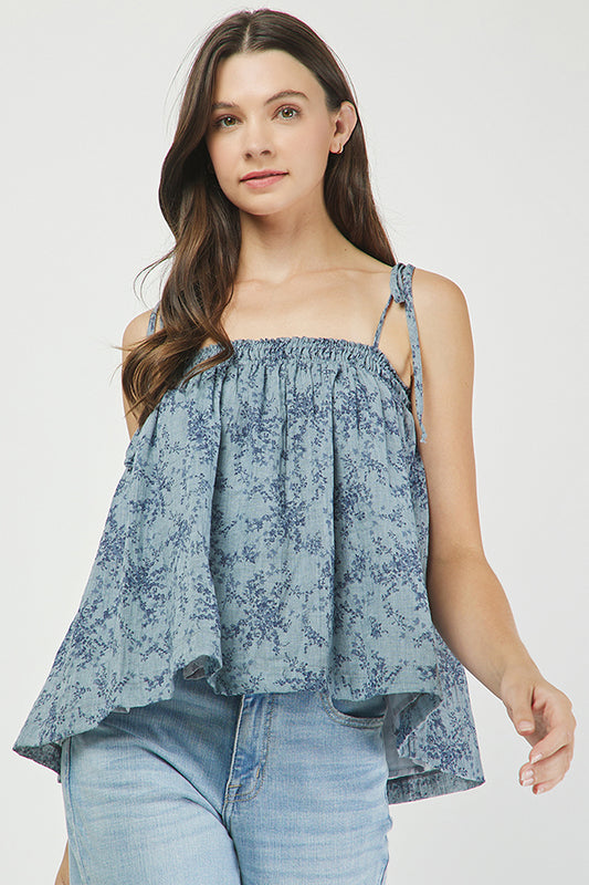 Floral Tie-Shoulder Smocked Top - YT3086BJ