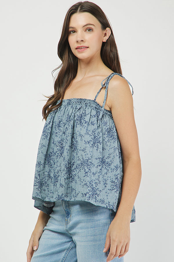 Floral Tie-Shoulder Smocked Top - YT3086BJ