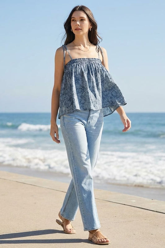 Floral Tie-Shoulder Smocked Top - YT3086BJ