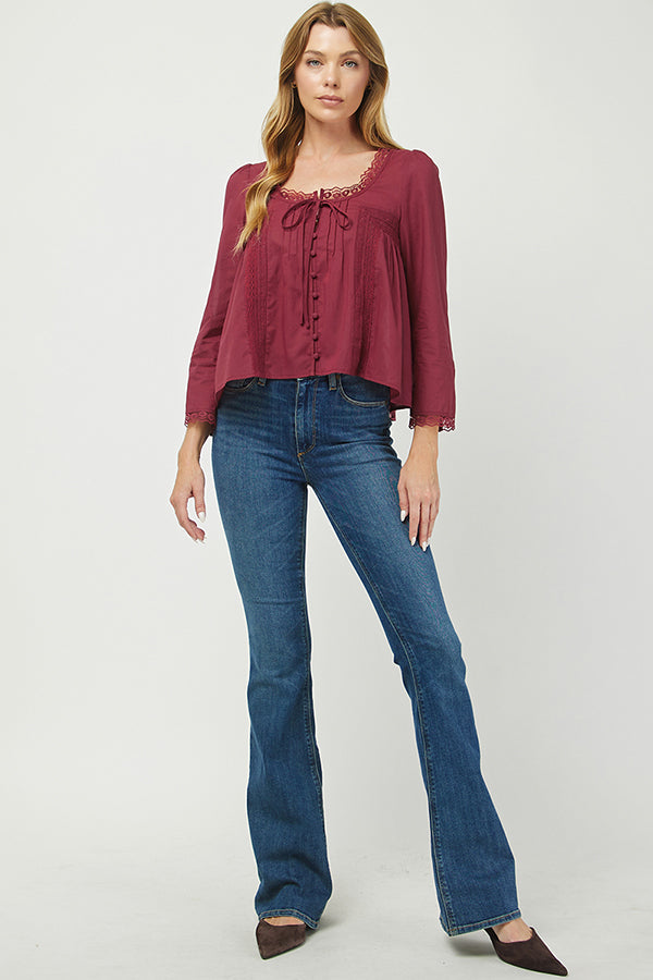 Burgundy Lace-Trim Button Front Blouse - YT3097KJ