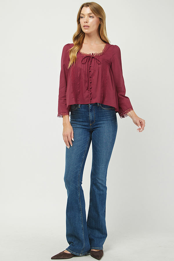 Burgundy Lace-Trim Button Front Blouse - YT3097KJ