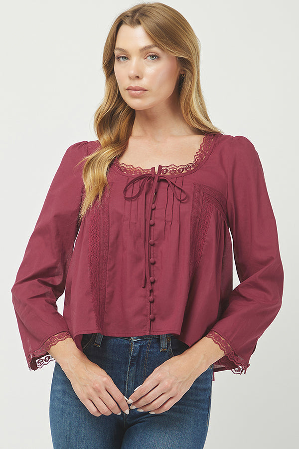 Burgundy Lace-Trim Button Front Blouse - YT3097KJ