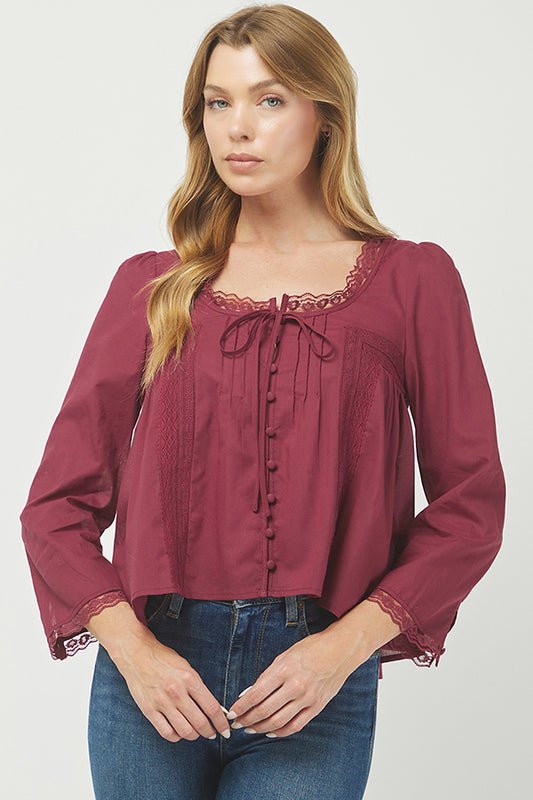 Burgundy Lace-Trim Button Front Blouse - YT3097KJ