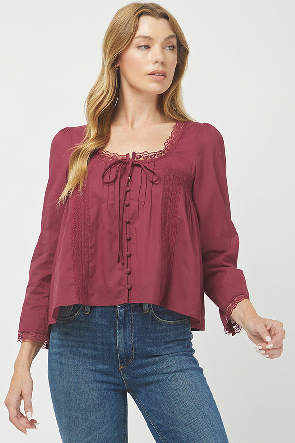 Burgundy Lace-Trim Button Front Blouse - YT3097KJ