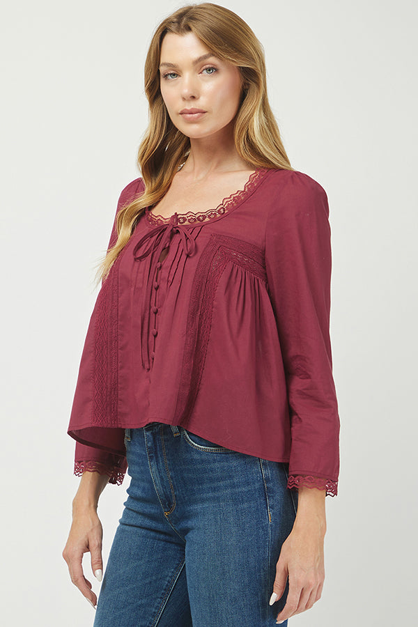 Burgundy Lace-Trim Button Front Blouse - YT3097KJ