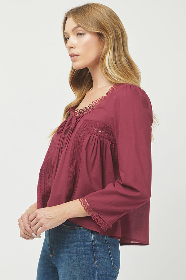 Burgundy Lace-Trim Button Front Blouse - YT3097KJ