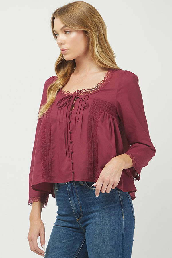 Burgundy Lace-Trim Button Front Blouse - YT3097KJ