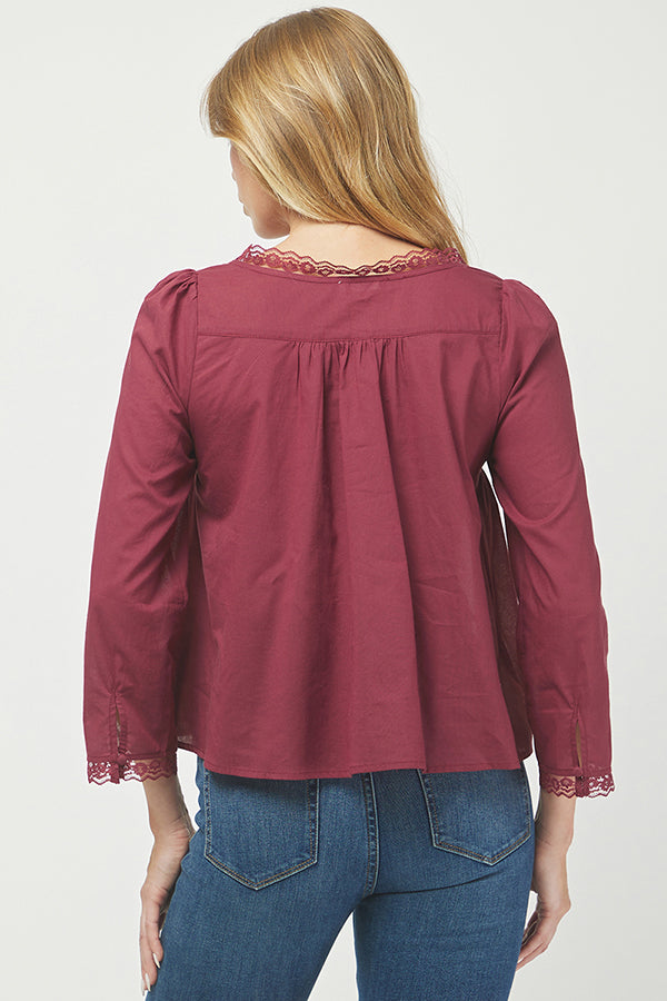 Burgundy Lace-Trim Button Front Blouse - YT3097KJ