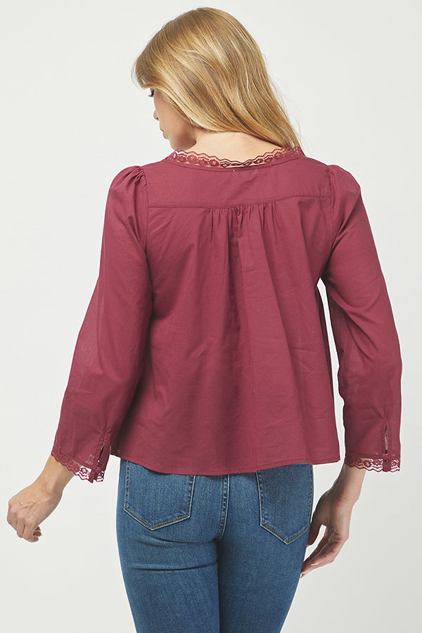Burgundy Lace-Trim Button Front Blouse - YT3097KJ