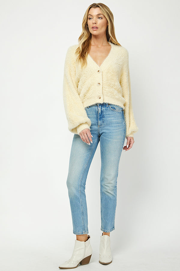 Fuzzy V-Neck Button-Front Cardigan - YW6047AJ