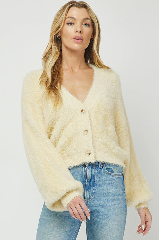 Fuzzy V-Neck Button-Front Cardigan - YW6047AJ