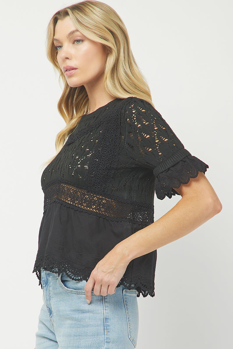 Black Crochet Knit Peplum Top - YW6075KJ