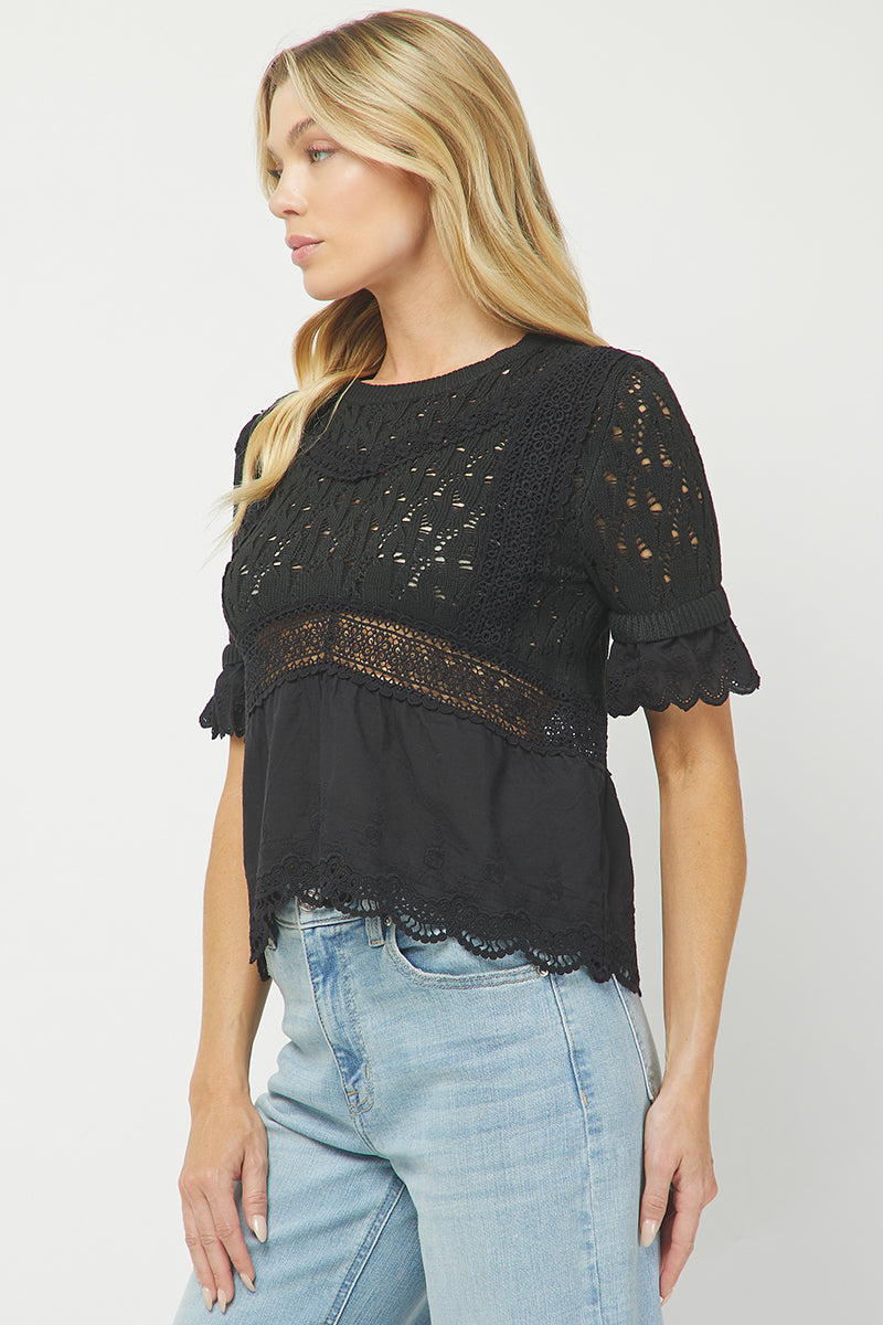 Black Crochet Knit Peplum Top - YW6075KJ