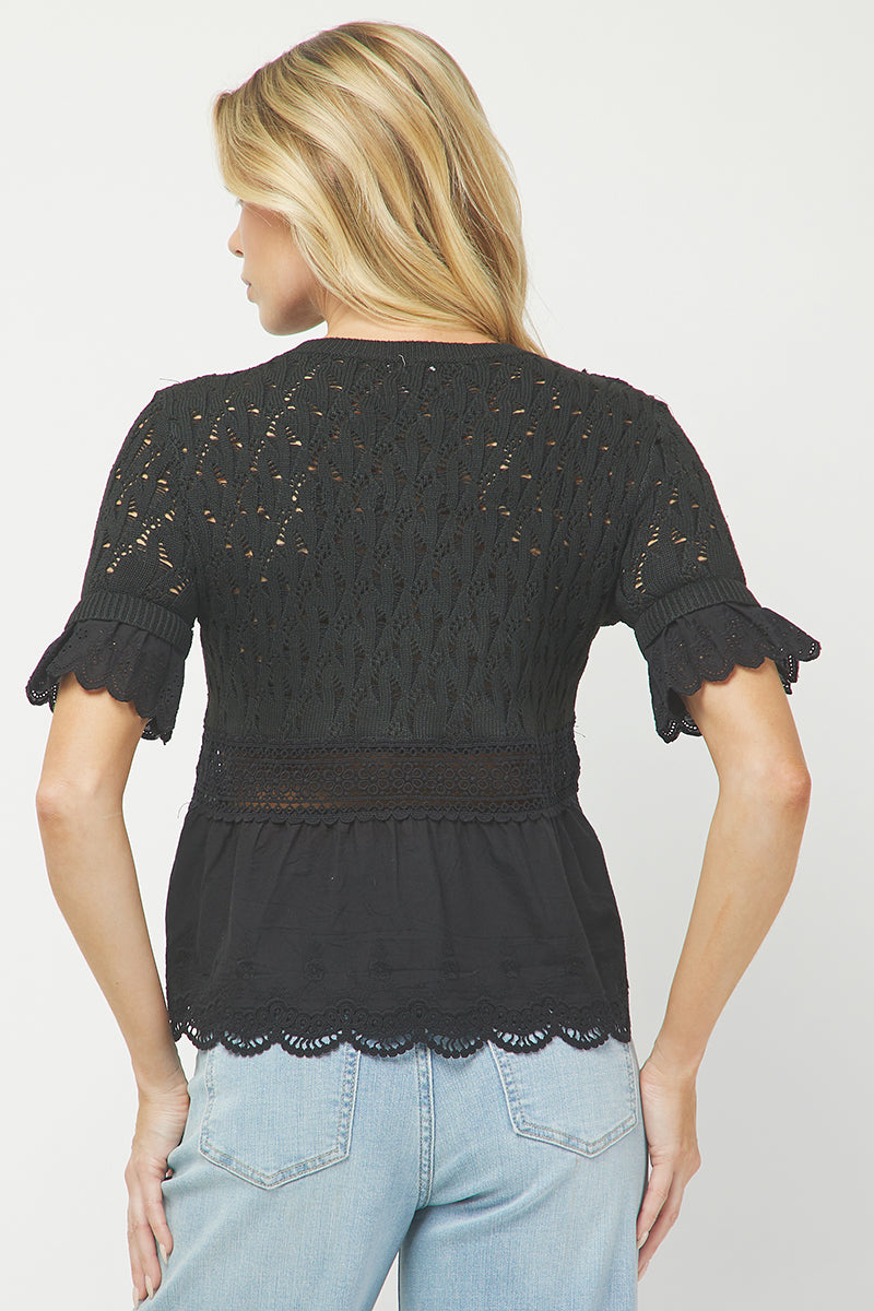Black Crochet Knit Peplum Top - YW6075KJ