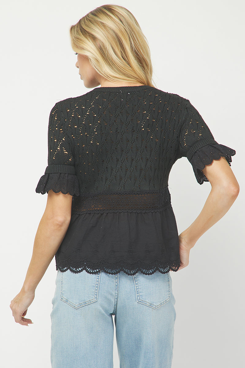 Black Crochet Knit Peplum Top - YW6075KJ