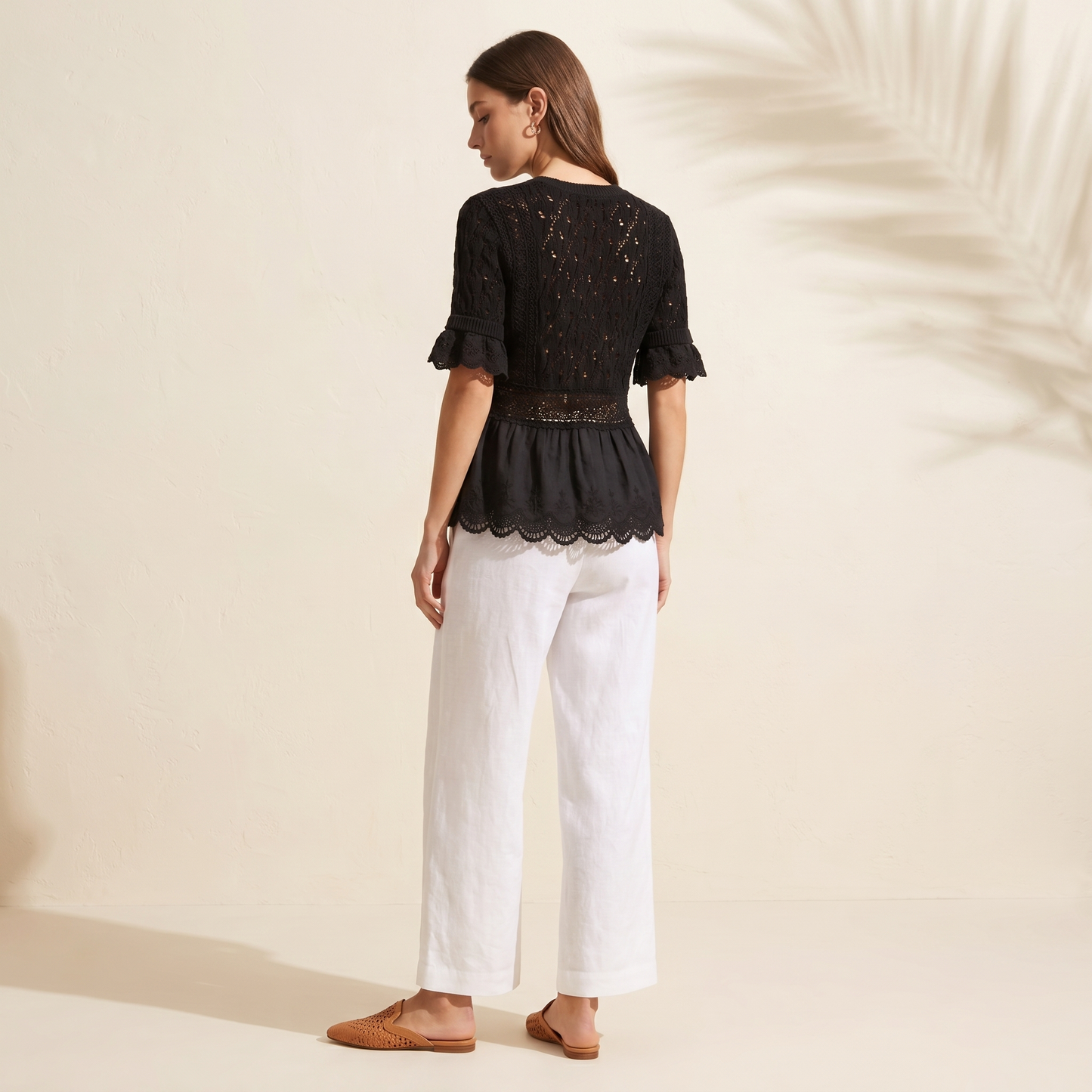 Black Crochet Knit Peplum Top - YW6075KJ