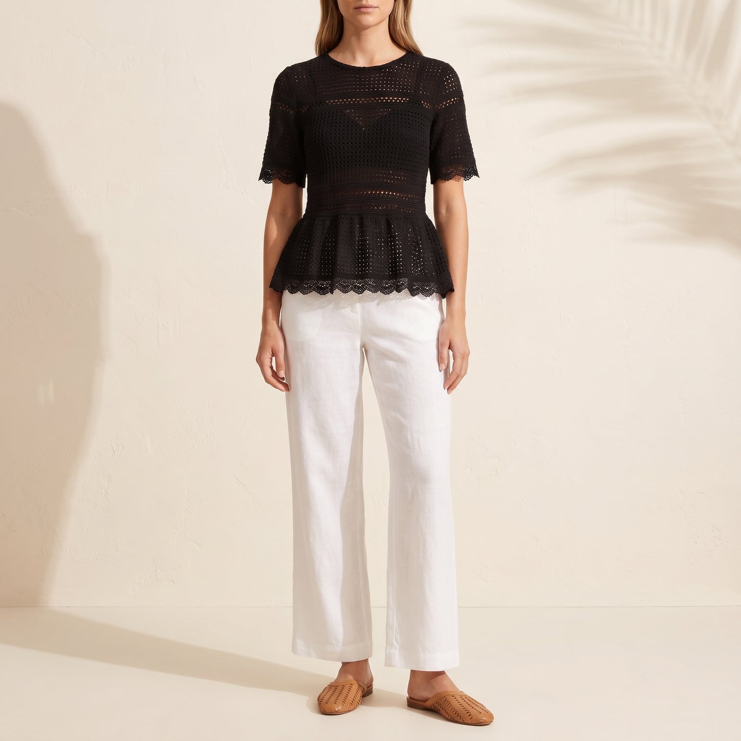 Black Crochet Knit Peplum Top - YW6075KJ