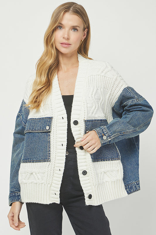 Denim-Knit Patchwork Cardigan Jacket - YW6090KJ