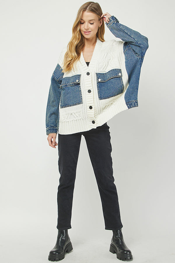 Denim-Knit Patchwork Cardigan Jacket - YW6090KJ
