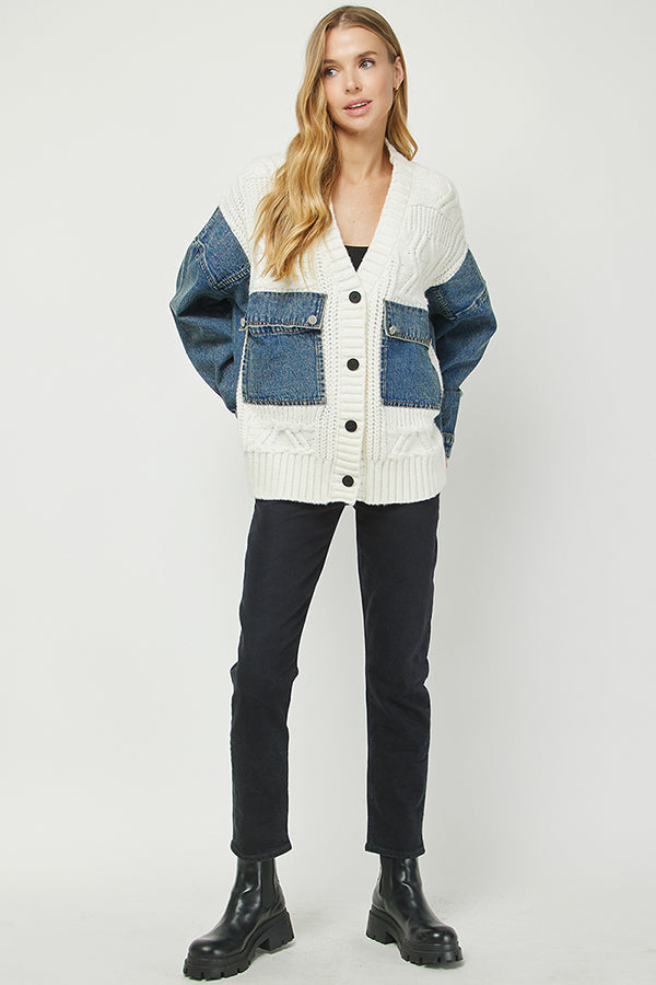 Denim-Knit Patchwork Cardigan Jacket - YW6090KJ