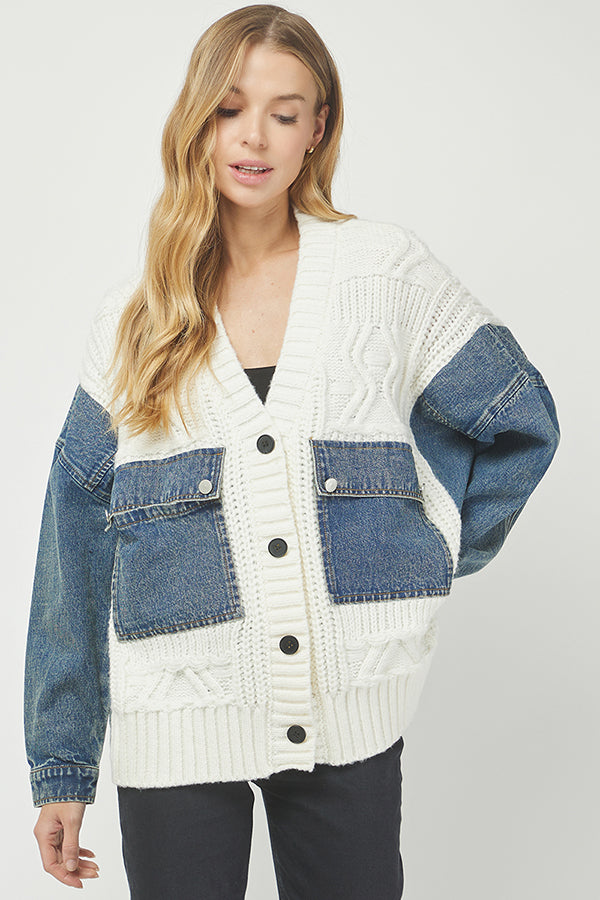 Denim-Knit Patchwork Cardigan Jacket - YW6090KJ