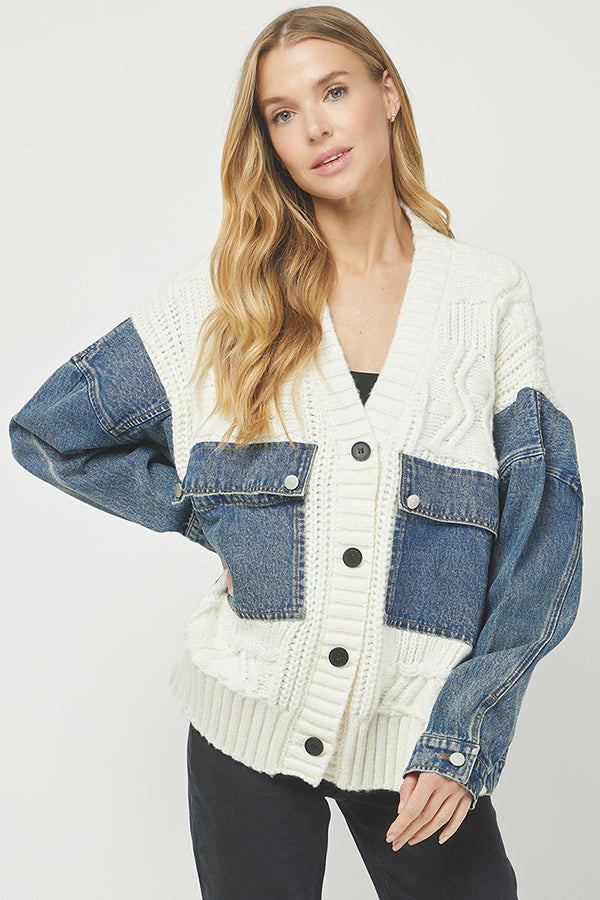 Denim-Knit Patchwork Cardigan Jacket - YW6090KJ