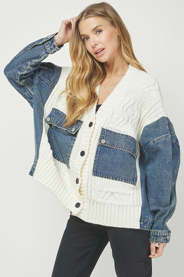 Denim-Knit Patchwork Cardigan Jacket - YW6090KJ