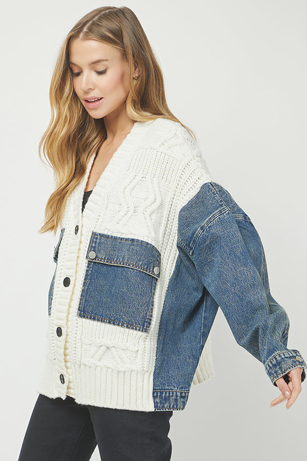 Denim-Knit Patchwork Cardigan Jacket - YW6090KJ
