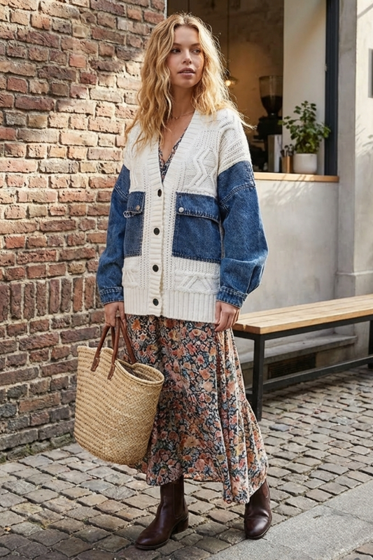 Denim-Knit Patchwork Cardigan Jacket - YW6090KJ