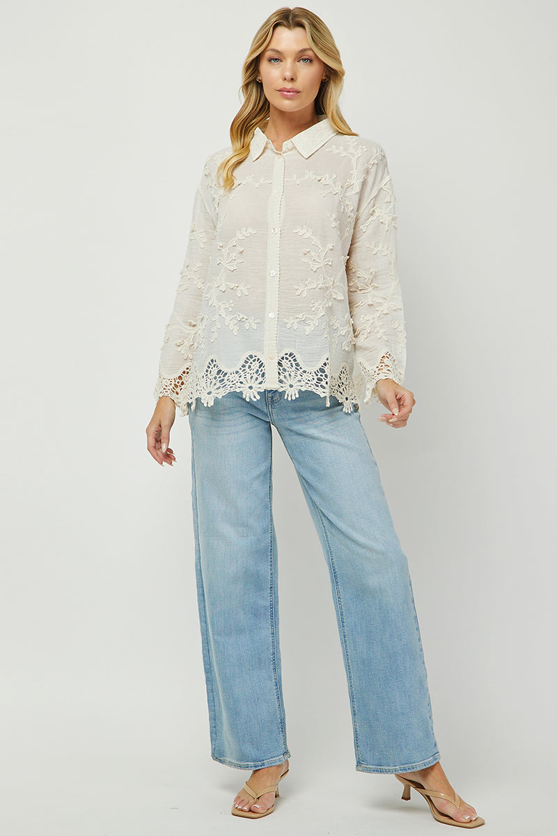 Ivory Garden Embroidered Lace Button Down Shirt - YW6095KJ