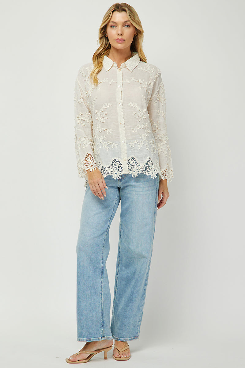 Ivory Garden Embroidered Lace Button Down Shirt - YW6095KJ