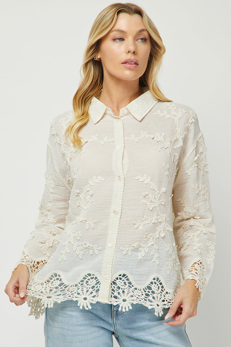 Ivory Garden Embroidered Lace Button Down Shirt - YW6095KJ