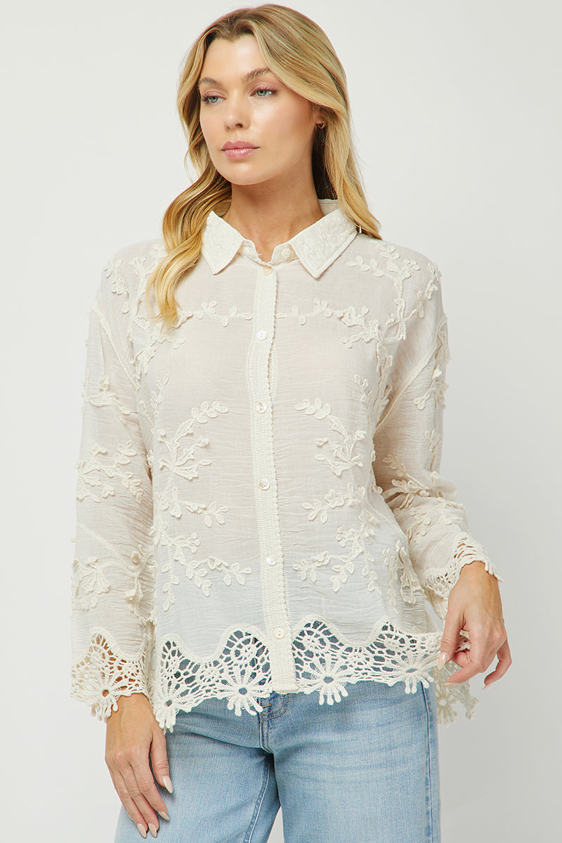 Ivory Garden Embroidered Lace Button Down Shirt - YW6095KJ