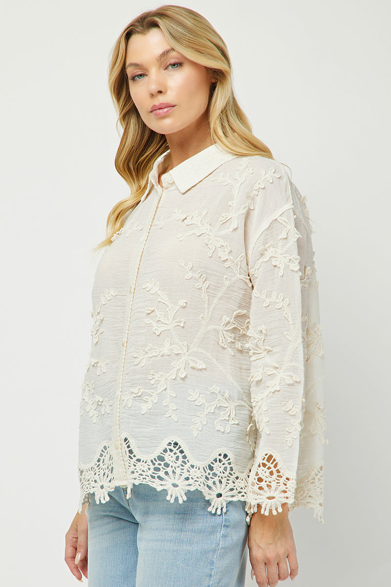 Ivory Garden Embroidered Lace Button Down Shirt - YW6095KJ