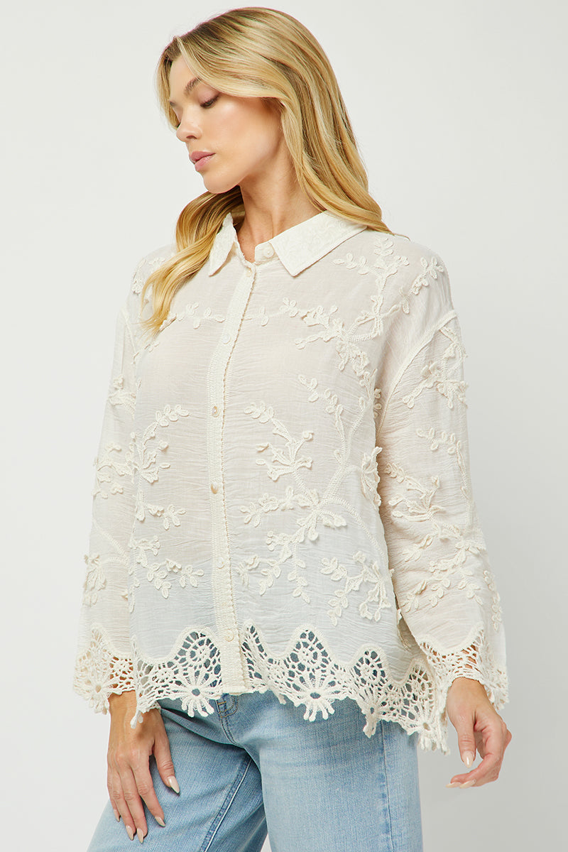 Ivory Garden Embroidered Lace Button Down Shirt - YW6095KJ