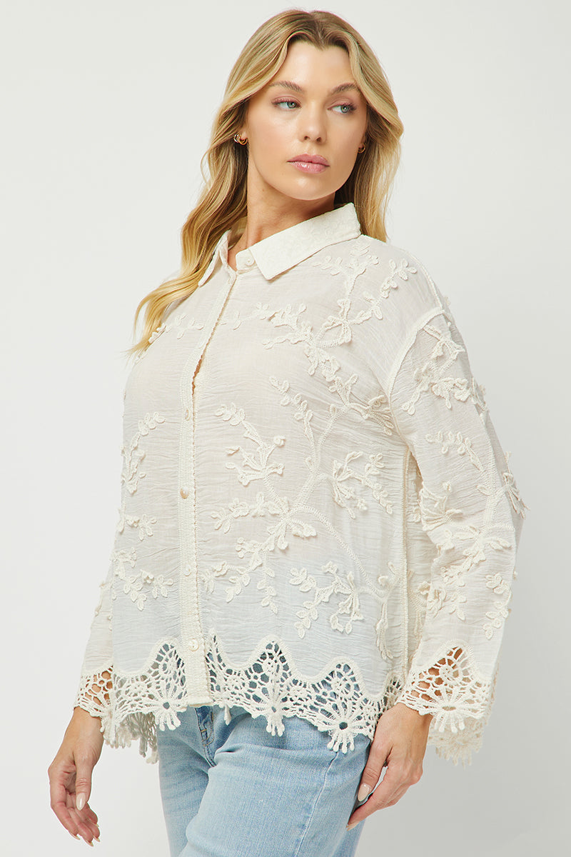 Ivory Garden Embroidered Lace Button Down Shirt - YW6095KJ