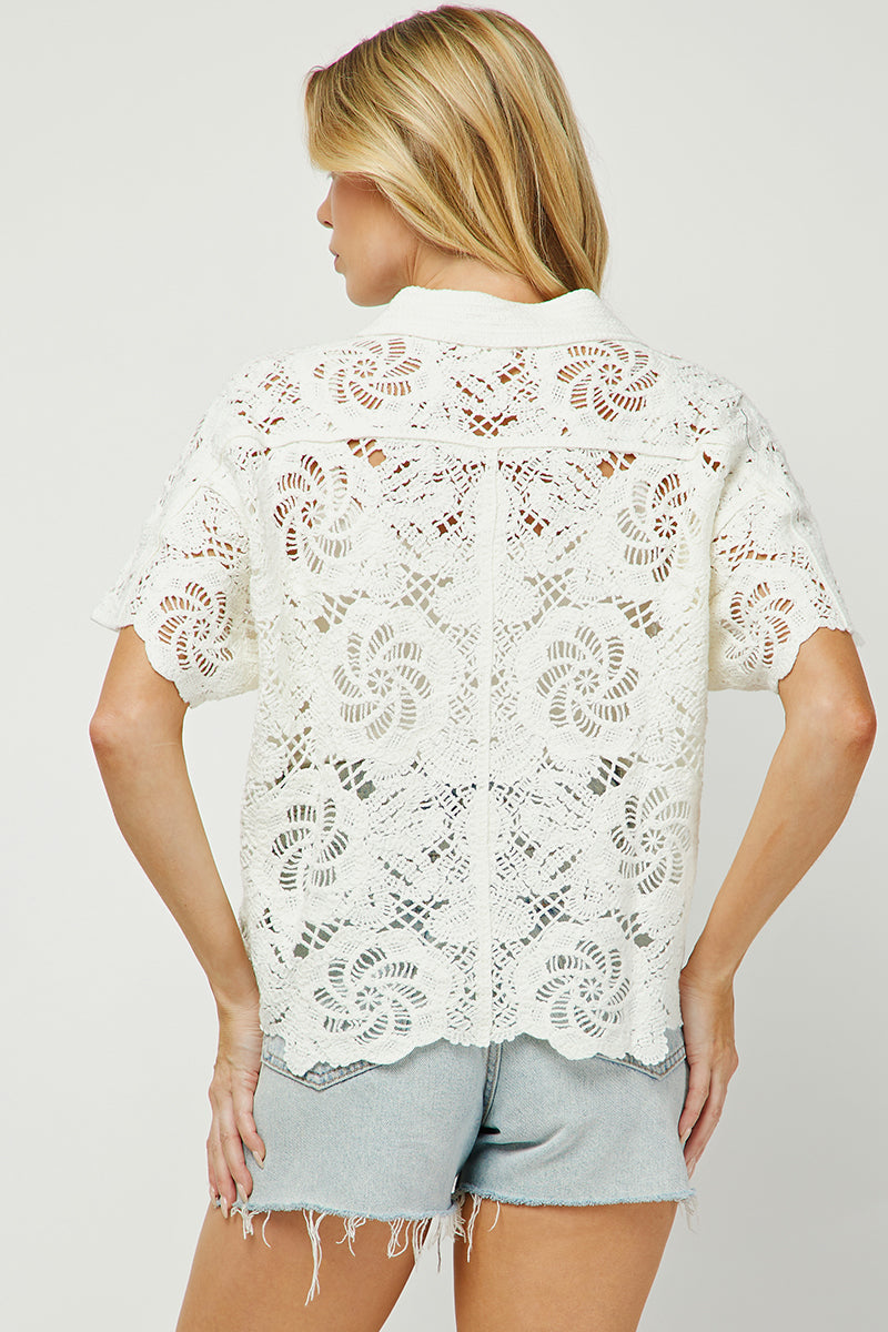 Ivory Bloom Crochet Lace Collared Top - YW6100KJ