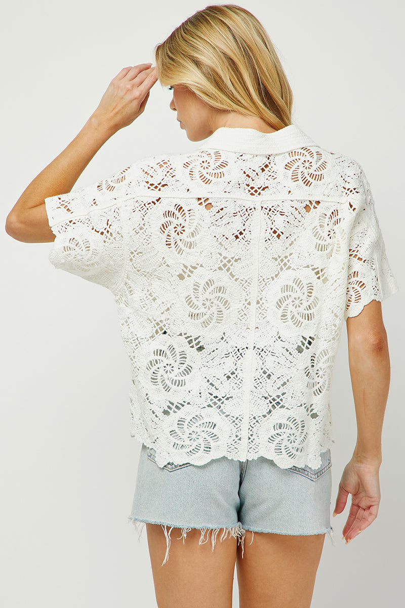 Ivory Bloom Crochet Lace Collared Top - YW6100KJ