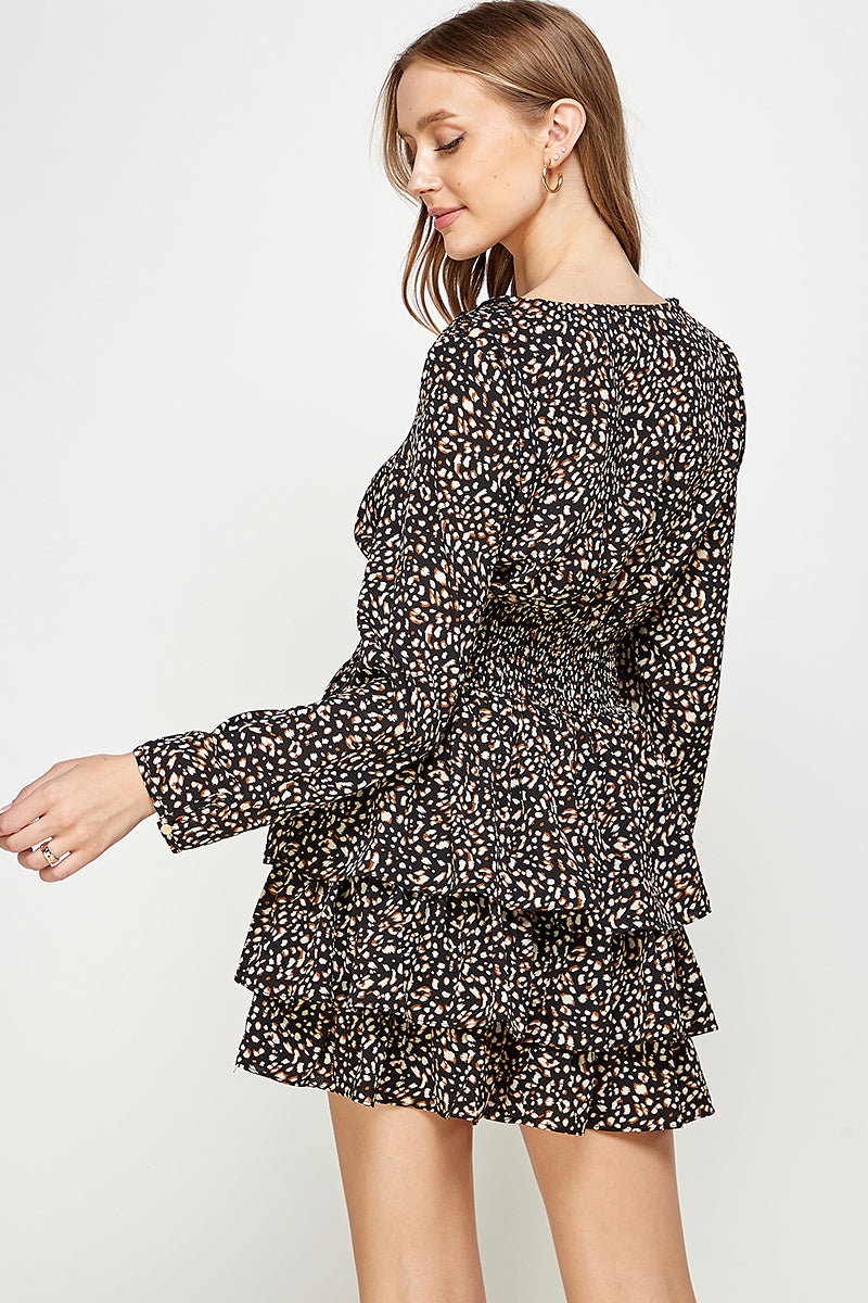 YURA Ruffle Trim Tiered Mini Dress in Animal Print