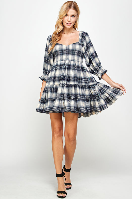 YURA Smocked Babydoll Dress in Navy Plaid
