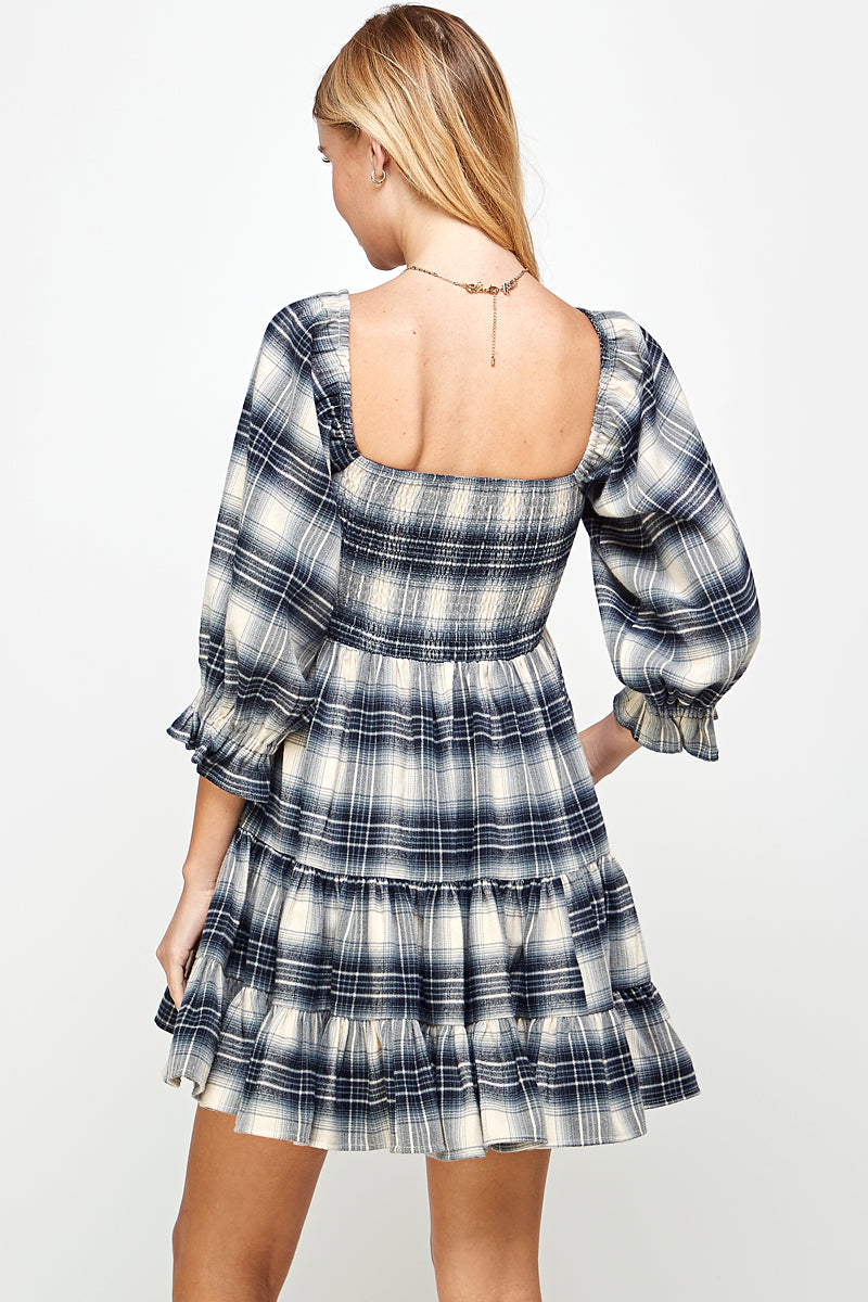 YURA Smocked Babydoll Dress in Navy Plaid